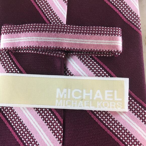 MICHAEL KORS  Silk Regiment Tie in Burgundy  Pink Grey and White - Picture 5 of 10